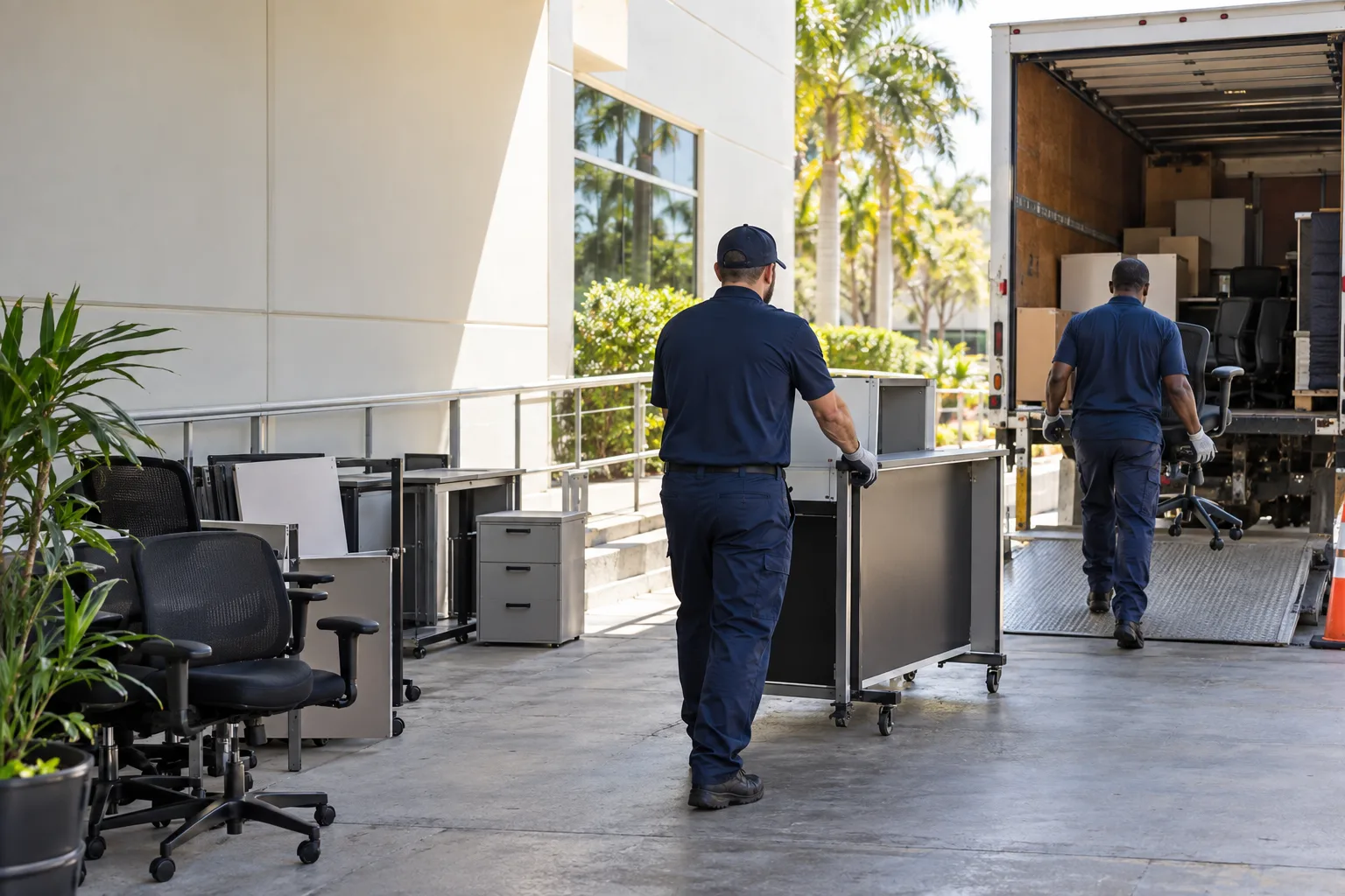 Commercial cleanout crew moving office furniture toward a truck