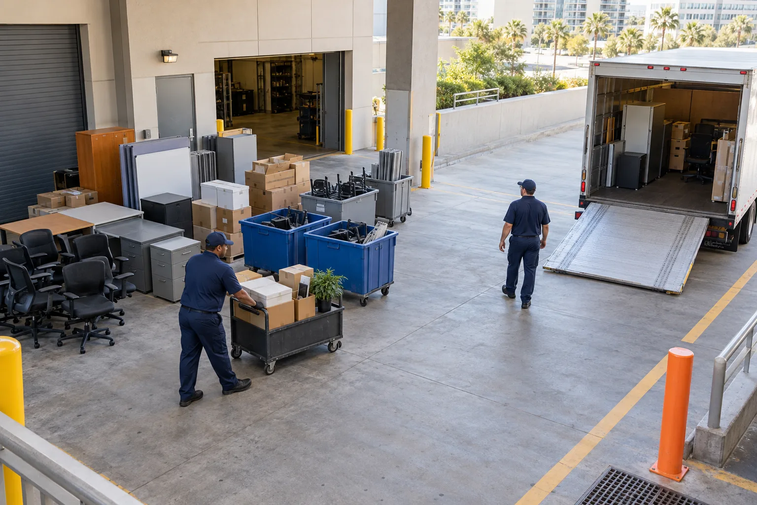 Organized commercial cleanout staging area with carts and office contents