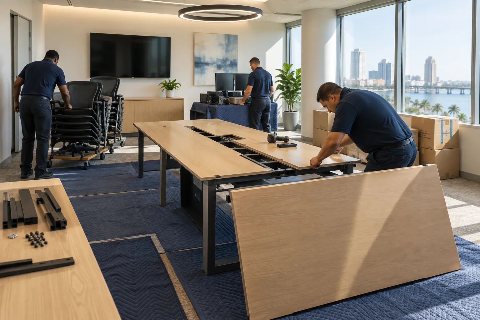 Crew dismantling a conference table on protected office floors